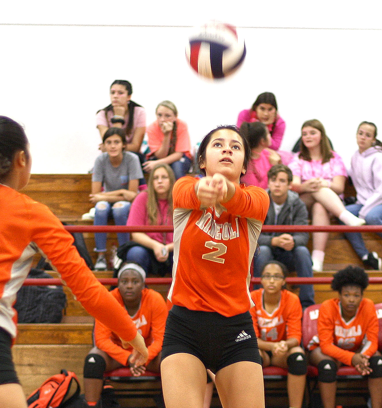 Mineola’s Sofia Lopez makes a play on the ball in action against Alba-Golden last Friday.